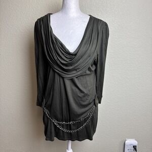 Sejis G Green Women's Top Green Size M 3/4 Sleeve Drape Neck Silver Chain Accent
